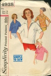 4938 SIMPLICITY 1963 PULLOVER COLLAR SHIRT, VESTEE SIMPLE SEW PATTERN 16 36"